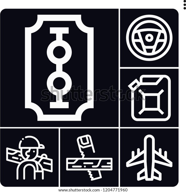 Set of 6 machine outline icons\
such as carpenter, saw, car oil, aeroplane, steering\
wheel