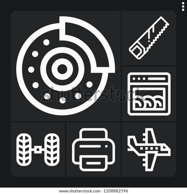 Set of 6 machine\
outline icons such as saw, wheel alignment, dishwasher, disc brake,\
aeroplane