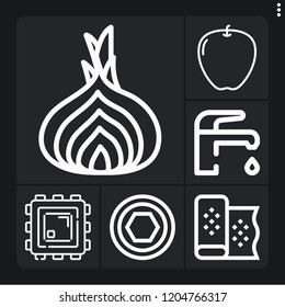 Set of 6 macro outline icons such as water, apple, shallot, nut, fabric