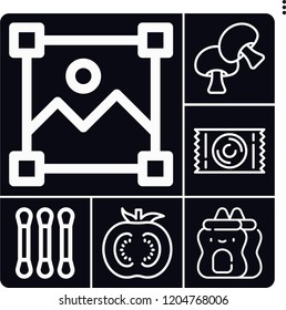 Set of 6 macro outline icons such as tomato, mushroom, toffee, cotton, image
