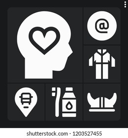 Set of 6 male filled icons such as viking helmet, placeholder, coverall, tooth brush, at