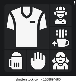 Set of 6 male filled icons such as beer, employee, tooth brush, hand, avatar