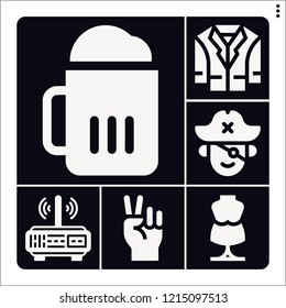 Set of 6 male filled icons such as beer, router, long john silver, hand, jacket