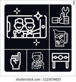 Set of 6 male outline icons such as cocktail, punishment, repair, selfie, hug