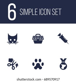 Set Of 6 Mammal Icons Set.Collection Of Scissor, Medallion, Cat And Other Elements.