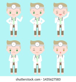 Set of 6 man characters in doctor costume with difference poses and emotions.