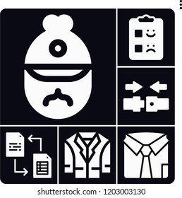 Set of 6 man filled icons such as exchange, shirt, feedback, seatbelt, sherlock holmes