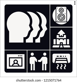 Set of 6 man filled icons such as speaker, air conditioner, skype, relationship, heads