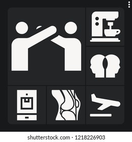 Set of 6 man filled icons such as knee, smartphone, landing, coffee machine
