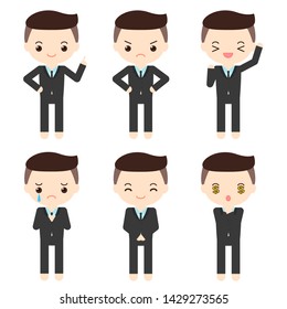 Set of 6 man in suit characters with difference poses and emotions.