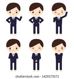 Set of 6 man in suit characters with difference poses and emotions.