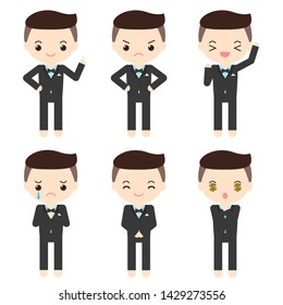 Set of 6 man in tuxedo characters with difference poses and emotions.