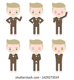 Set of 6 man in tuxedo characters with difference poses and emotions.