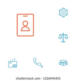 Set of 6 management icons line style set. Collection of mechanism, telephone, balance and other elements.
