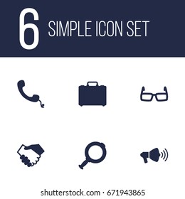 Set Of 6 Management Icons Set.Collection Of Loupe, Telephone, Spectacles And Other Elements.