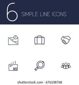 Set Of 6 Management Outline Icons Set.Collection Of Magnifier, Portfolio, Handshake Elements.