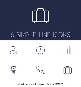 Set Of 6 Management Outline Icons Set.Collection Of Businessman, Clock, Handset Elements.