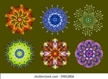 Set of 6 Mandalas - Flower, Nature and Energy - Colorful Icons