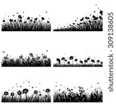 Set of 6 Meadow Backgrounds With Flowers and Butterflies.