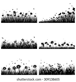Set of 6 Meadow Backgrounds With Flowers and Butterflies.
