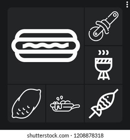 Set of 6 meal outline icons such as potato, hot dog, fish, barbecue, pizza cutter
