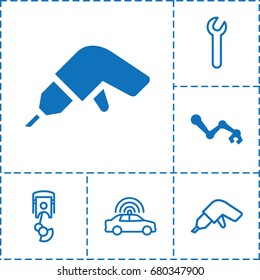 set of 6 mechanic filled and outline icons such as drill, robot arm, police car