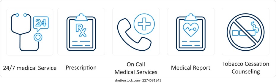 A set of 6 Medical icons as 24x7 medical service, prescription, on call medical services