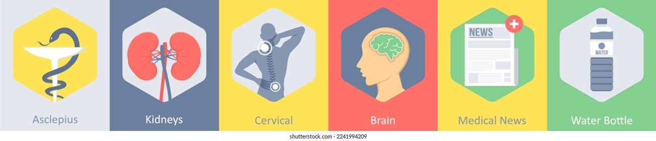 A set of 6 medical icons as asclepius, kidneys, cervical