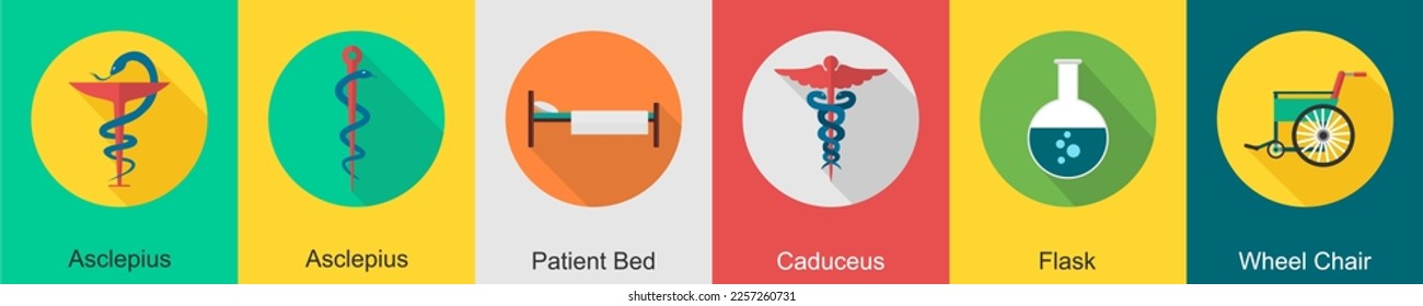 A set of 6 Medical icons as asclepius, patient bed, caduceus