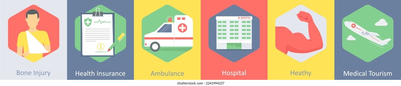 A set of 6 medical icons as bone injury, health insurance, ambulance