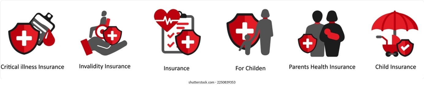 A set of 6 medical icons as critical illness insurance, invalidity insurance, insurance