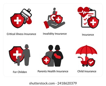 A set of 6 medical icons as critical illness insurance, invalidity insurance, insurance