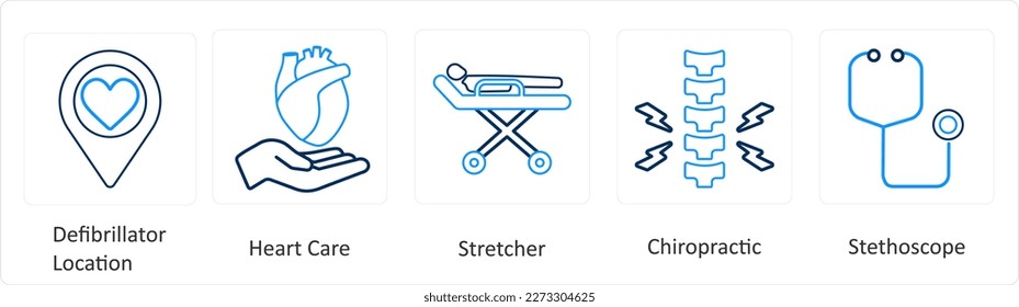 A set of 6 Medical icons as defibrillator location, heart care, stretcher