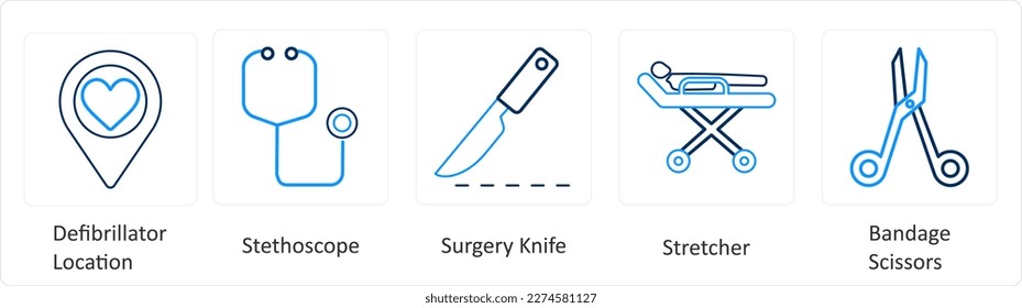 A set of 6 Medical icons as defibrillator location, surgery knife, stretcher