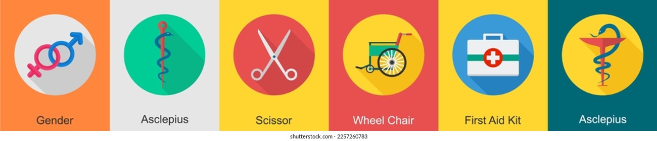 A set of 6 Medical icons as gender, asclepius, scissor