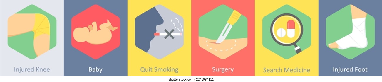 A set of 6 medical icons as injured knee, baby, quit smoking