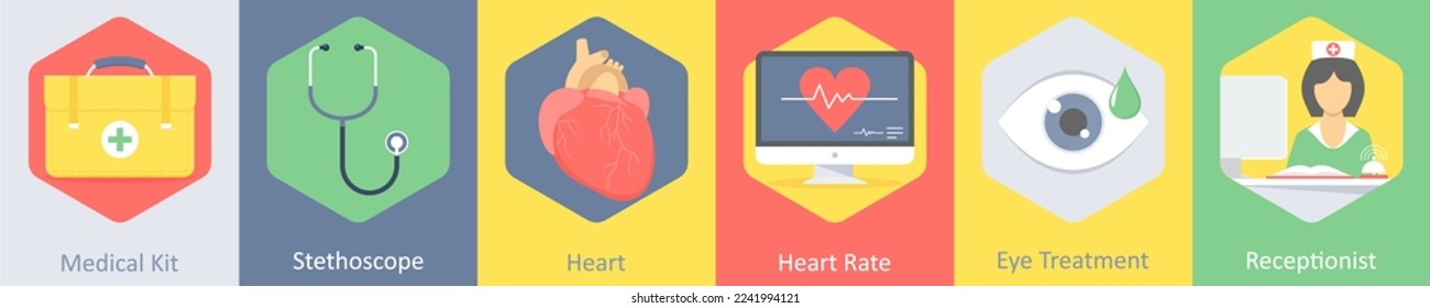 A set of 6 medical icons as medical kit, stethoscope, heart
