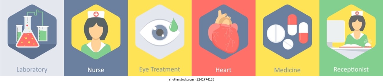 A set of 6 medical icons as laboratory, nurse, eye treatment