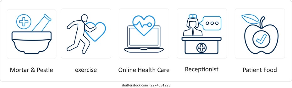 A set of 6 Medical icons as mortal and pestle, exercise, online health care