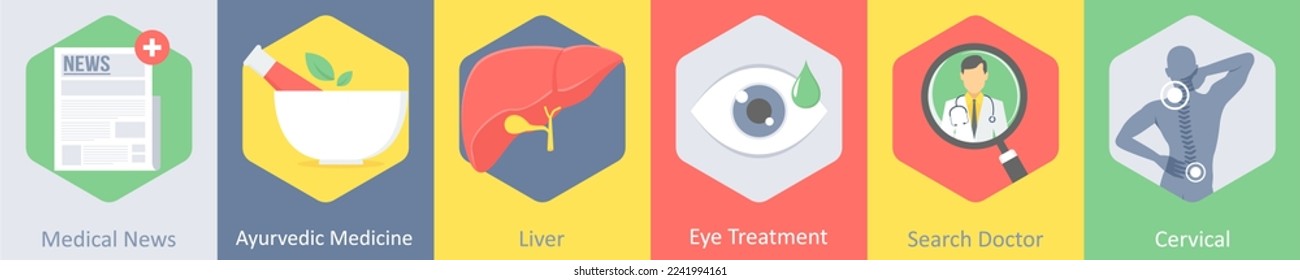 A set of 6 medical icons as medical news, ayurvedic medicine, liver