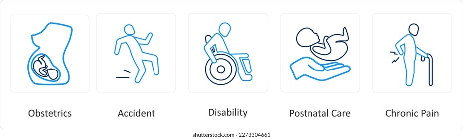 A set of 6 Medical icons as obstetrics, accident, disability, postnatal care