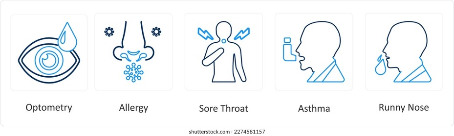 A set of 6 Medical icons as optometry, allergy, sore throat