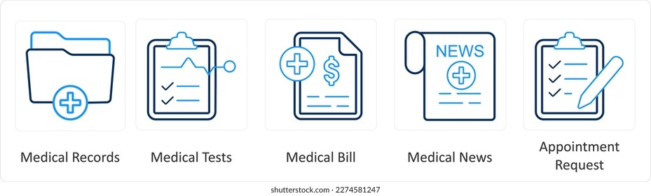 Eine Reihe von 6 medizinischen Symbolen wie medizinische Aufzeichnungen, medizinische Tests, medizinische Rechnung