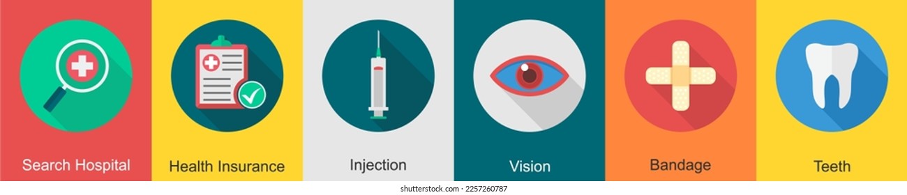 A set of 6 Medical icons as search hospital, health insurance, injection