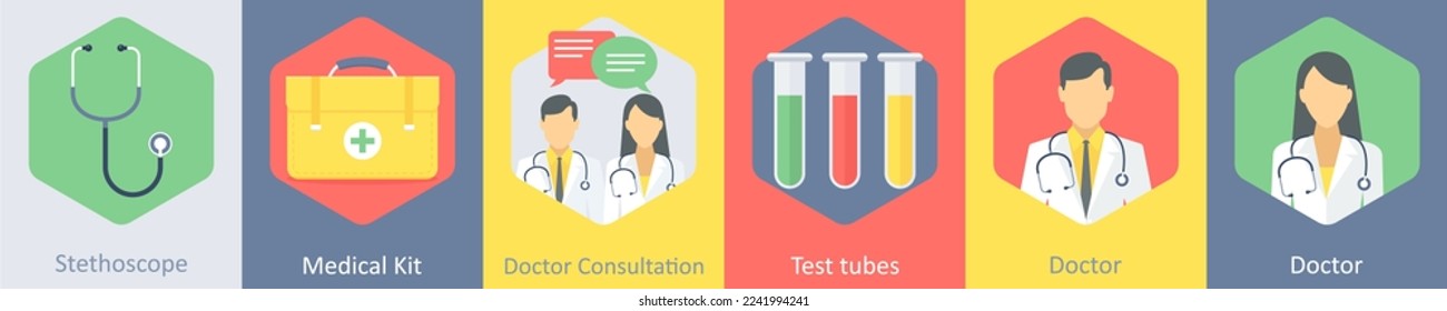A set of 6 medical icons as stethoscope, medical kit, doctor consultation