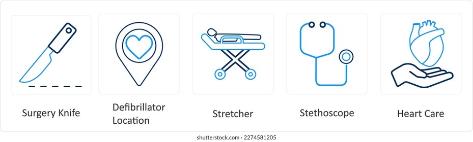 A set of 6 Medical icons as surgery knife, defibrillator location, stretcher