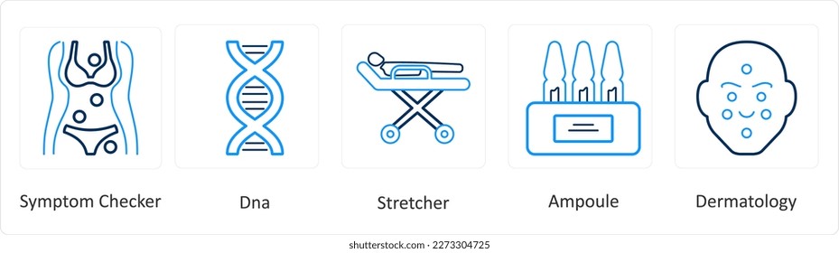 A set of 6 Medical icons as symptom checker, dna, stretcher