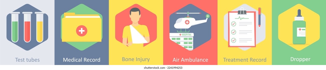 A set of 6 medical icons as test tubes, medical record, bone injury