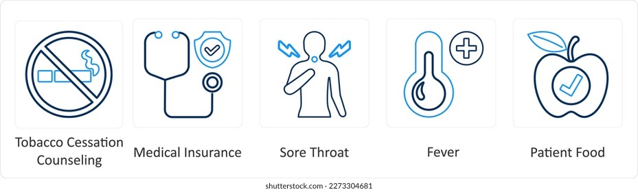 A set of 6 Medical icons as tobacco cessation counselling, medical insurance, sore throat