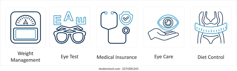 A set of 6 Medical icons as weight management, eye test, medical insurance